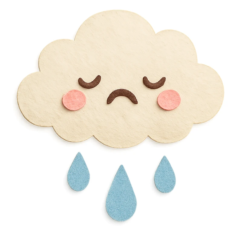 kawaii fluffy white cloud, crying gentle blue raindrops, soft pastel colors, no limbs, full body, paper craft style sticker