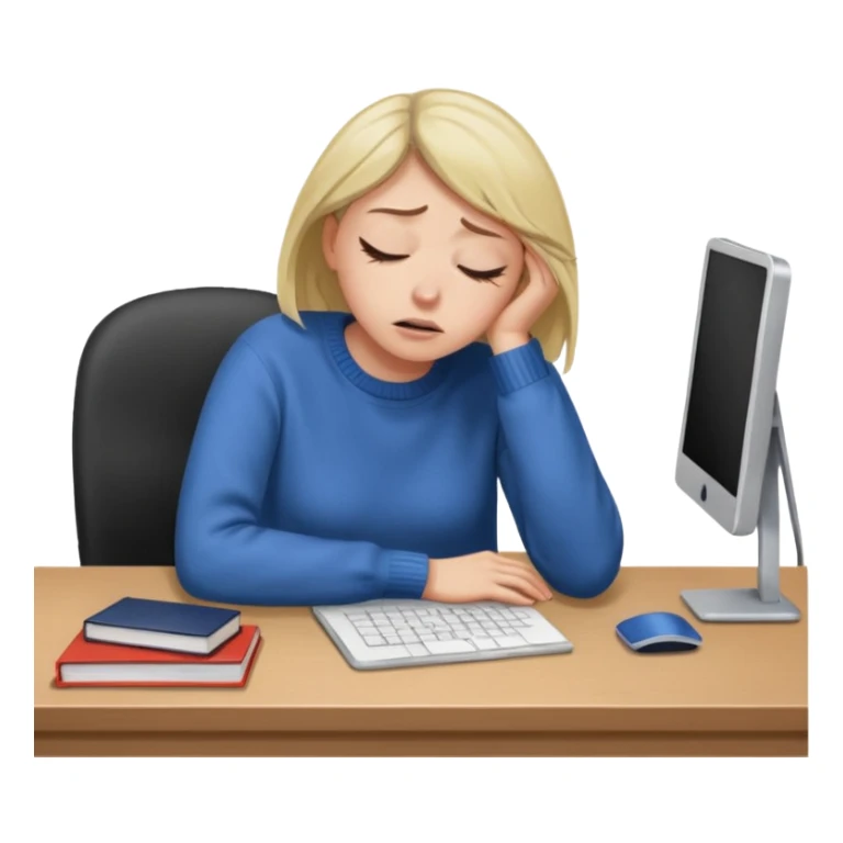 A woman wearing a jumper experiencing burnout, exhausted and overwhelmed, tired eyes, slumped posture, sitting at a desk, iOS emoji style sticker