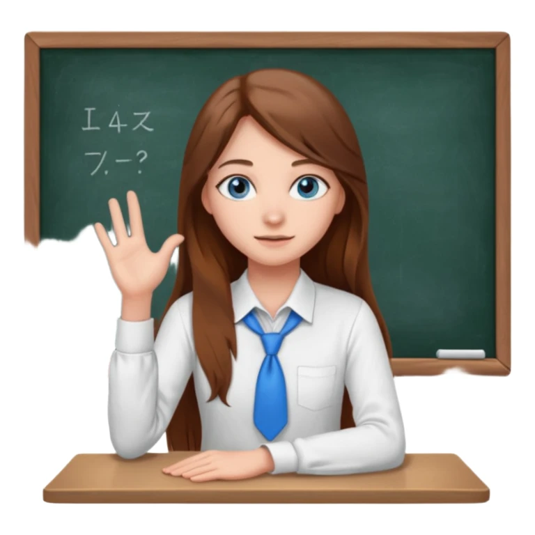 high school class room with a pretty female high school student with long brown hair, blue eyes sitting in front of the blackboard sticker
