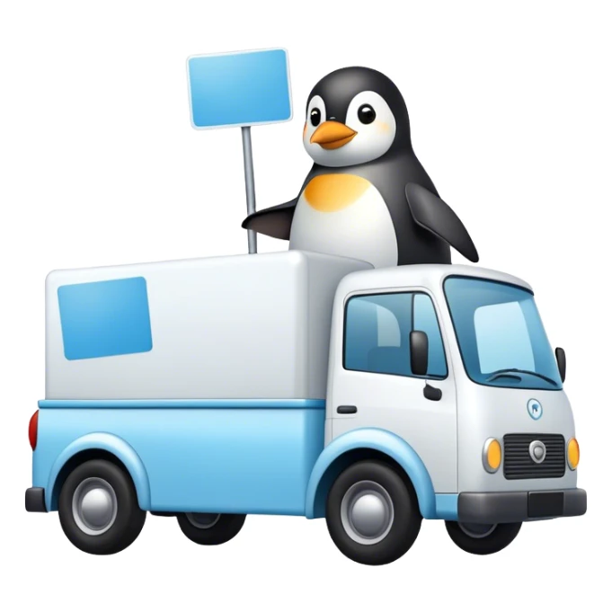 Camion blanc avec fiche bleu clair et pinguoin dessus sticker