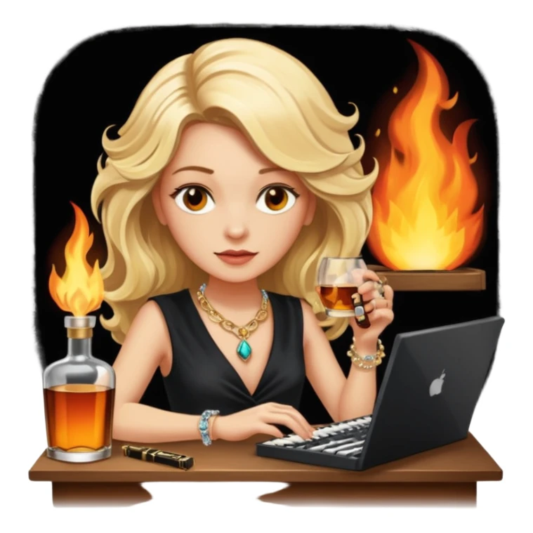 A sketchnote illustration rendered in a strong moody style, featuring a blonde woman with cascading gorgeous hair, a keyboard, a whiskey bottle, a key, a jewelry box, and fire elements against a black background. The lighting is low with low contrast, emphasizing dramatic shadows. sticker
