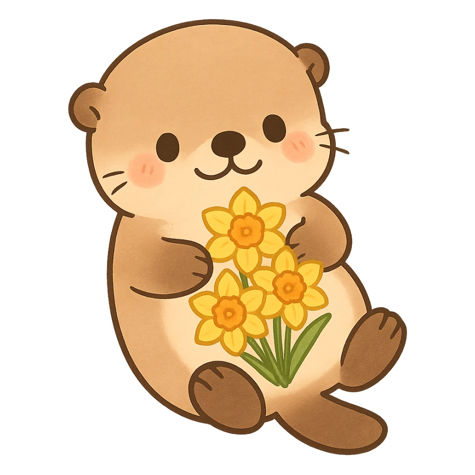 Sea otter with daffodils on its belly, cartoon style, Q version sticker style, simple and cute sticker