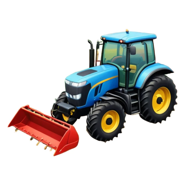 An icon representing a farming simulator, with a detailed tractor with a colorful rural landscape, plowing fields under a bright sky. The design includes farming tools, crops and barns, symbolizing the immersive experience of managing a farm. Transparent background. sticker