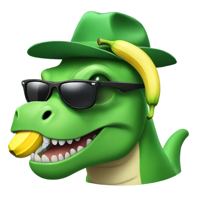 A green r Rex with a banana hat and sunglasses sticker