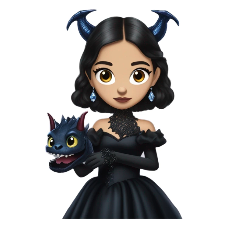 relaxed low-cut back silky black evening ball gown with lace gloves, Jenna Ortega as Addams woman wearing a mini diamond tiara, very large blood blue evil-looking horned old dragon hand puppet sticker