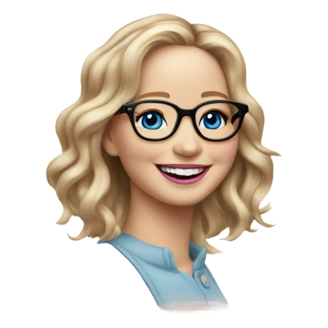 Happy laughing Jennifer Lawrence,  blue eyes wearing glasses and pink lipstick  sticker