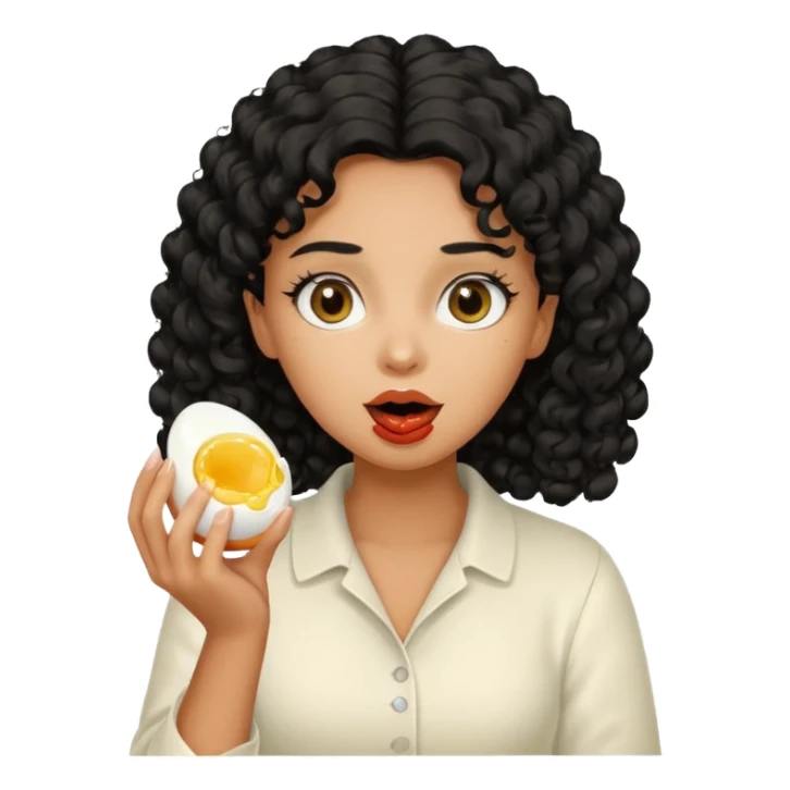 Girl with black curly hair eating boiling egg sticker