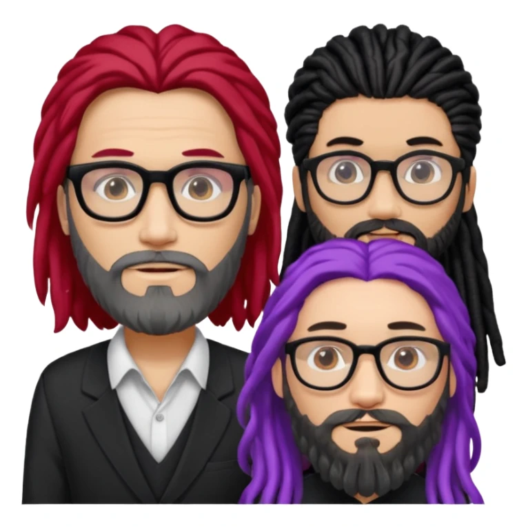 Man with long hair, glasses and Beard, next to man in black dreadlocks with red accent, woman in glasses with violet and black hair in the middle sticker