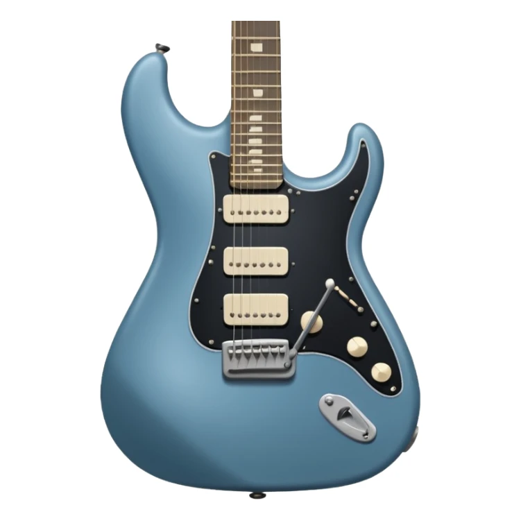 A gray-blue electric guitar with a black pick guard and only one volume knob, make the head tan sticker