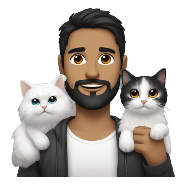 a spanish guy with a black earing and black short hair and black beard and holding a all white Siberian cat sticker