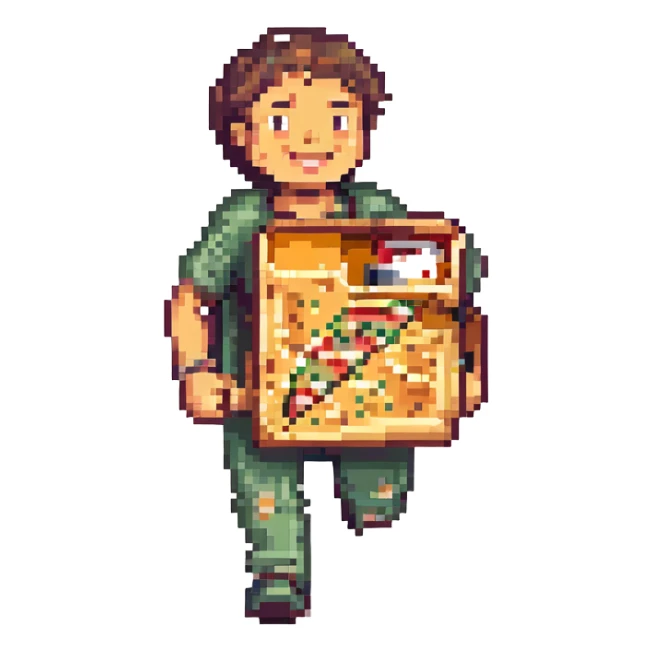a man running with a pizza box in his hands, smiling, pixel art style sticker