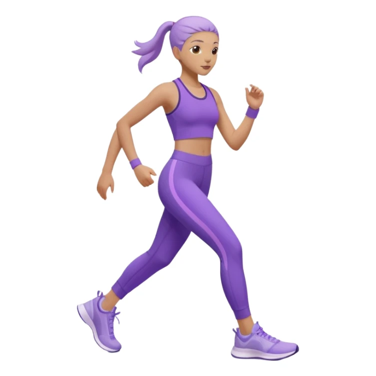 Modern premium 3D emoji icon: faceless gender-neutral person walking (mid-step) in sporty activewear, smooth rounded shapes, matte + subtle gloss, top-left studio light, soft shadow, faint motion trail. Purple outfit with lavender accent (no navy). Centered, transparent background, no text sticker