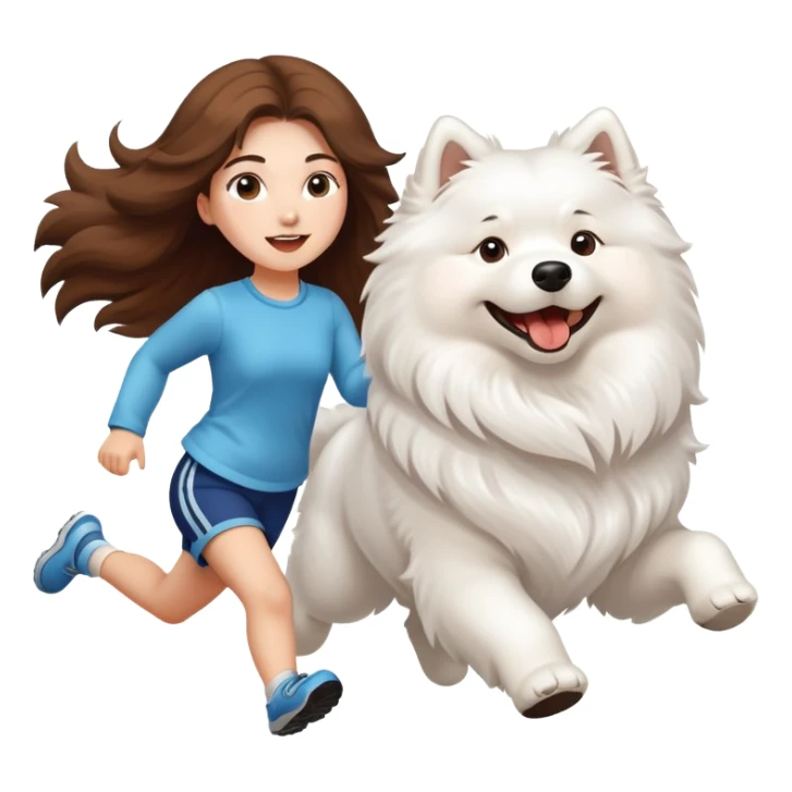 A beautiful girl with long hair runs with a Samoyed sticker
