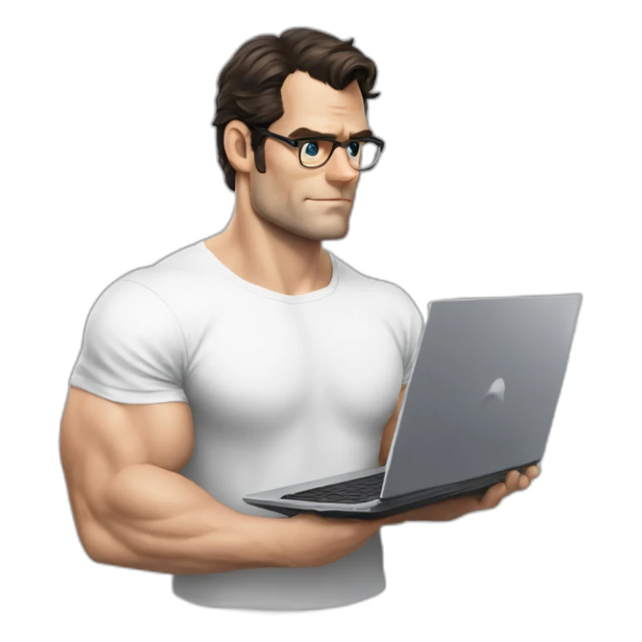 front view of henry cavill clark kent wearing white t-shirt using a laptop sticker