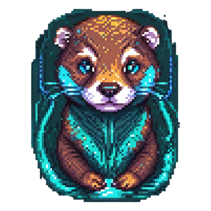 cute otter portrait with neural interface, neon reflections, pixel art, cyberpunk style sticker