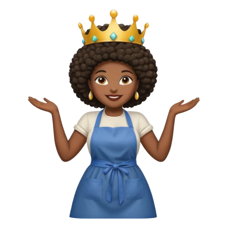 Mujer curvy afro, con piernas gordas y vestimenta cómoda, usando delantal,con una corona sobre su cabeza y sonrisa contagiosa.  sticker