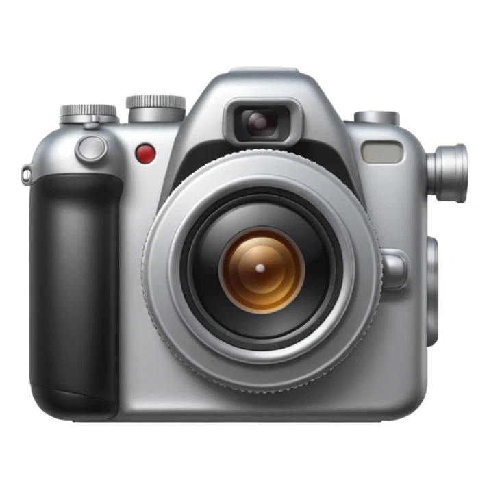 Minimal emoji icon of a modern metalic camera, front view, simple shapes, realistic lens,  sticker