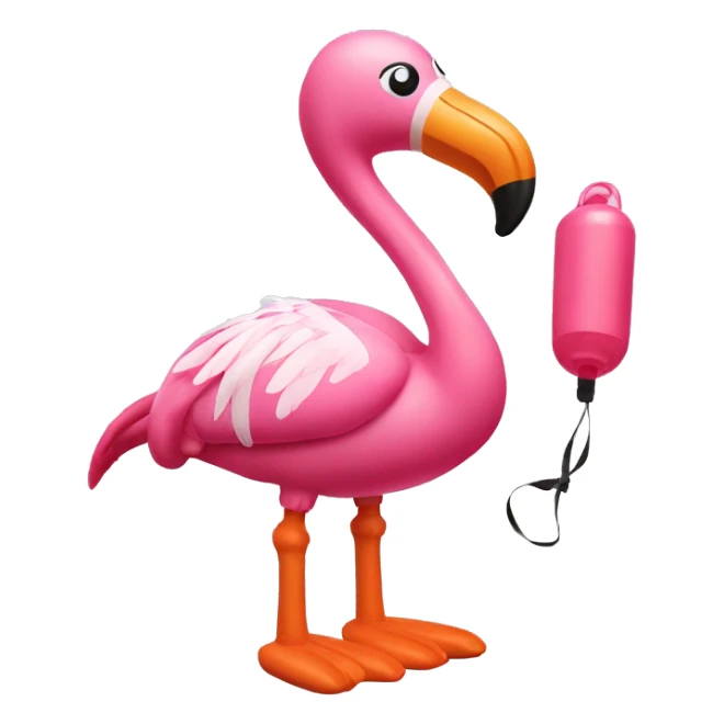 Inflatable flamingo wearing arm bands and has a whistle sticker