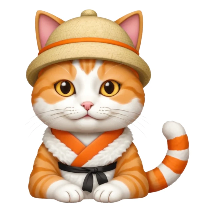 cat with its fingers crossed wearing a hat made out of sushi sticker