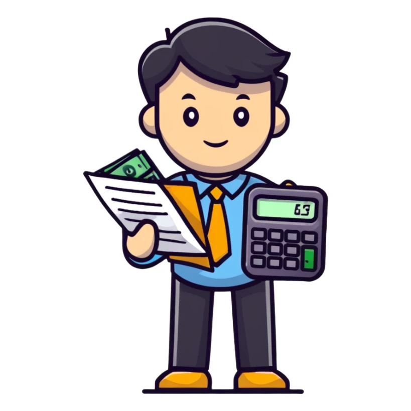 male accountant with calculator and financial documents sticker
