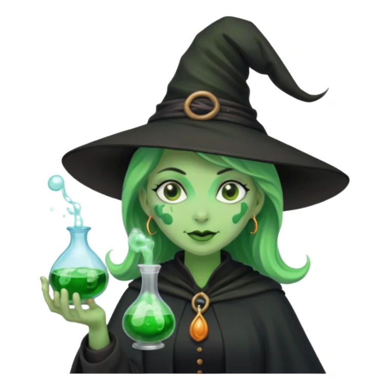 Witch with Green Skin – long-nosed witch in black hat holding potion sticker