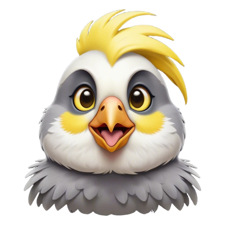 Cinematic Comical Cockatiel Portrait Emoji, Head tilted dramatically with an exaggeratedly amused expression, featuring a striking grey fur with bold yellow accents and a flamboyant crest, wide, expressive dark eyes filled with playful disbelief, Simplified yet hilariously expressive features, highly detailed, glowing with a slightly sassy glow, high shine, dramatic yet playful, stylized with an air of cheeky mischief, bright and endearing, soft glowing outline, capturing the essence of a spirited and over-the-top cockatiel, so meme-worthy it feels like it could side-eye its way into internet fame instantly! sticker