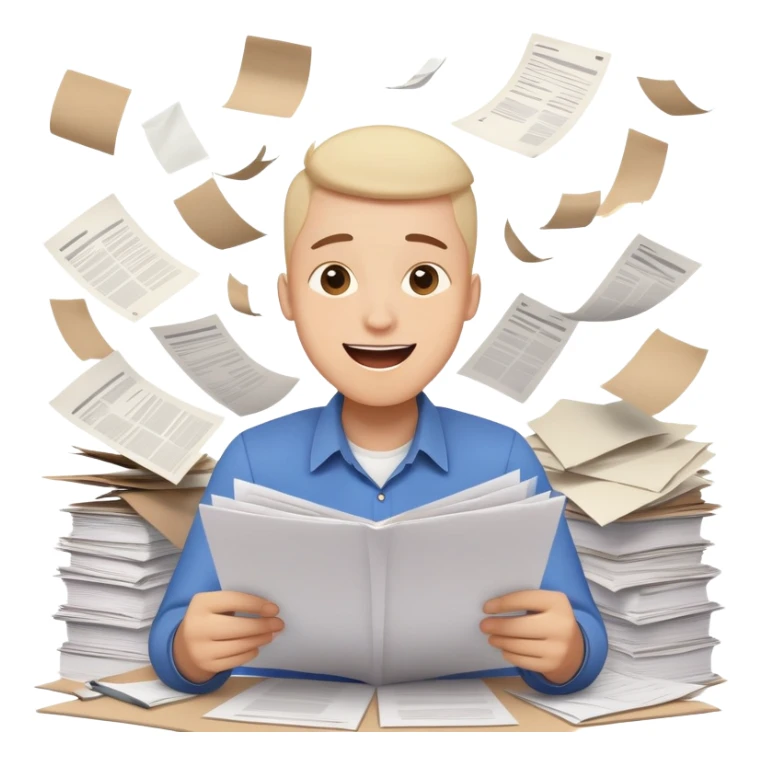 A person with a happy excited face but also looking stressed and overwhelmed, papers flying everywhere, surrounded by work items, half celebrating success and half panicking about deadlines sticker