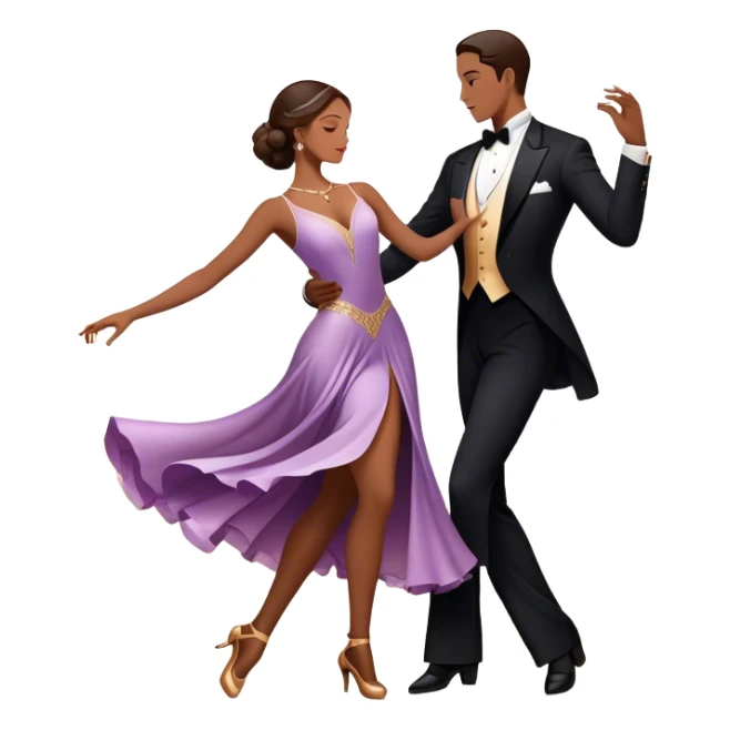 Icon for Ballroom Dancing: a couple in an elegant dance pose, with flowing dresses and tuxedos, surrounded by dance floor lights. The icon should convey the grace and elegance of ballroom dance, with focus on movement and precision. Transparent background. sticker