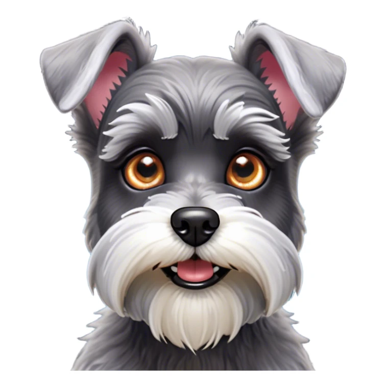 Cinematic Comical Miniature Schnauzer Portrait Emoji, Head tilted dramatically with a comically shocked expression and large, animated eyes, featuring a sharply defined salt-and-pepper fur with exaggerated, humorous eyebrows, simplified yet hilariously detailed, glowing with a bold, playful radiance, high shine, exuding a spirited and cheeky charm, styled with a soft glowing outline, capturing the essence of a Miniature Schnauzer that appears ready to dash into a burst of comic energy! sticker