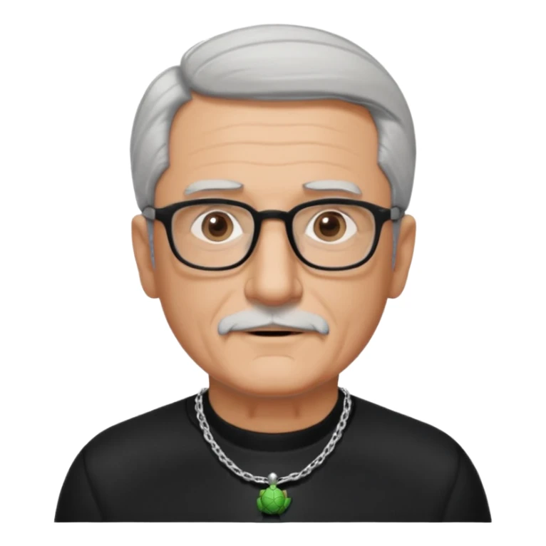 Tony Barceló is a strong, lively man in his 70s with short, neatly combed gray hair and a trimmed goatee. He has a broad face, square glasses, and a confident presence. He wears a black outfit with a silver turtle necklace, reflecting his thoughtful, creative energy as a writer. sticker