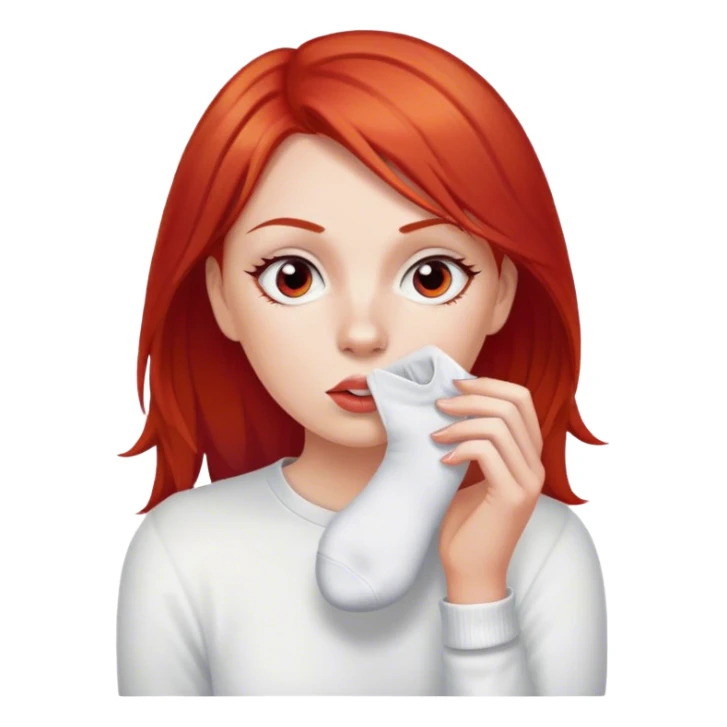 a woman with red hair and red eyes sniffing a white sock sticker
