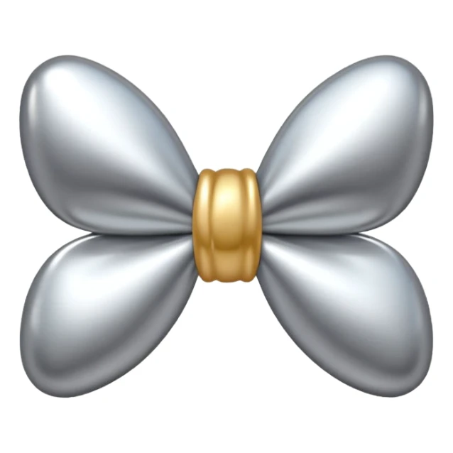A cute bow emoji made of polished silver chrome, smooth rounded loops, glossy metallic surface, soft mirror reflections, subtle highlights, minimal and adorable proportions, iOS emoji style, centered composition, clean white background, soft studio lighting, no text, no outline, ultra high quality sticker