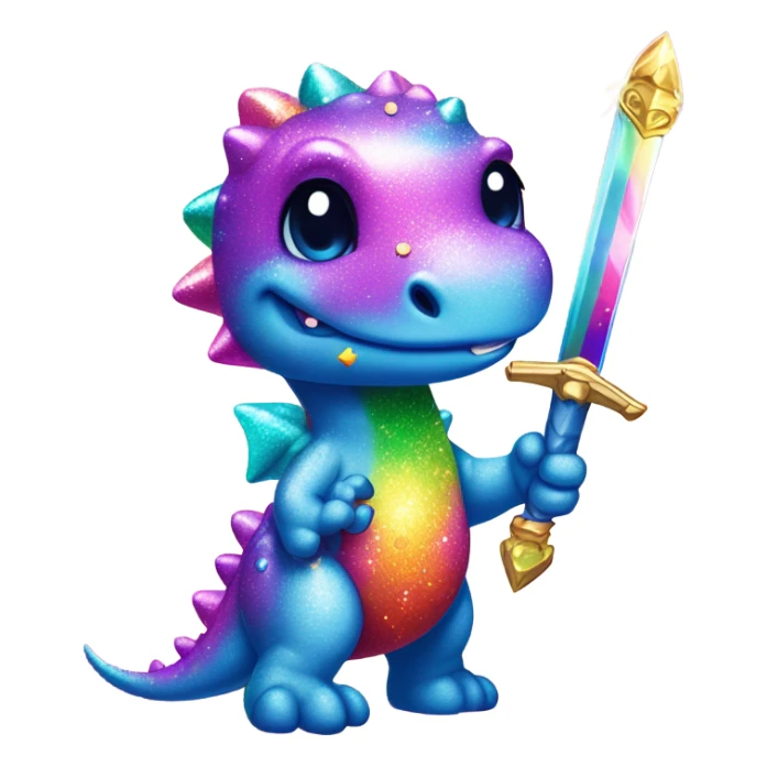 Lisa frank glitter rainbow cute dinosaur with sword and jewels sticker