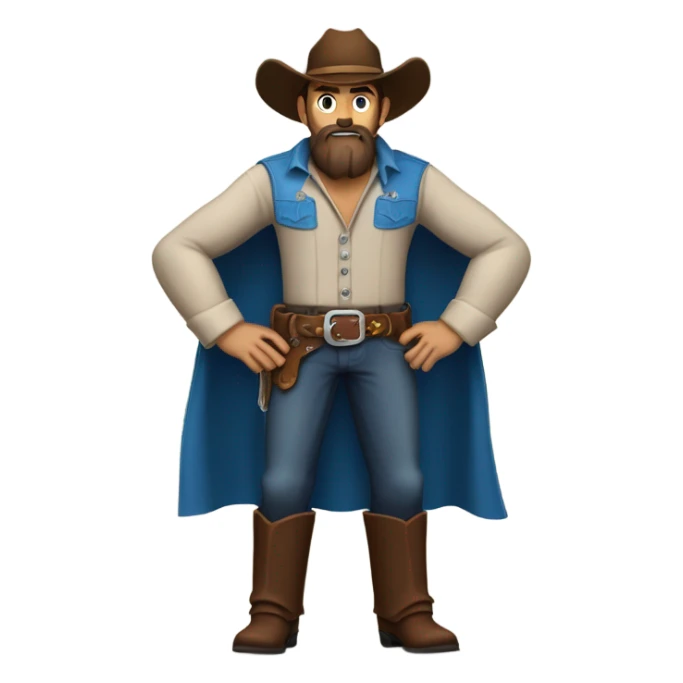 a rugged cowboy with a thick beard, wearing a blue vest over a classic western shirt and a brown belt with a silver buckle. He should have a confident stance, showing full torso sticker