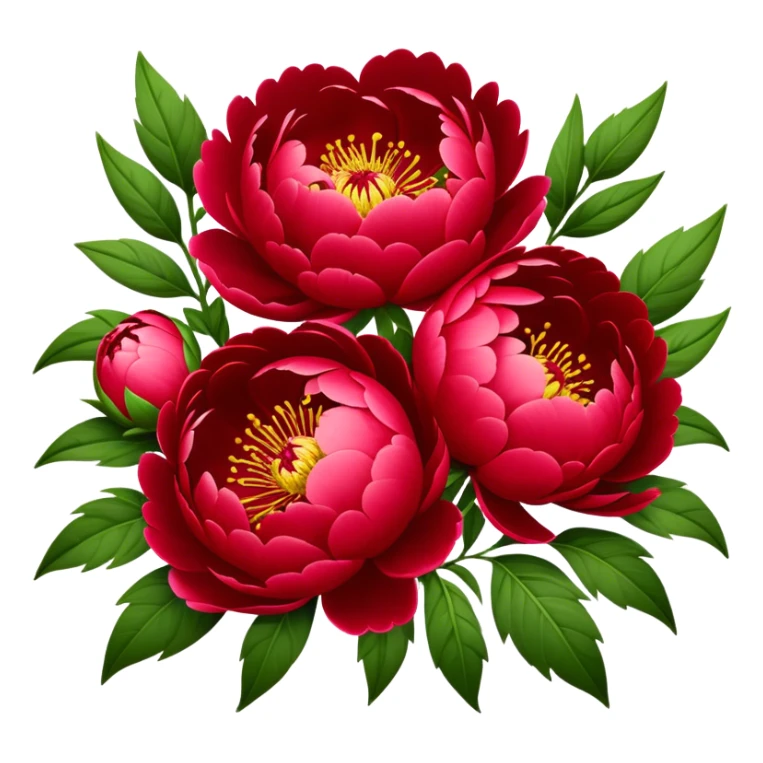 big bouquet Red Peony, luxuriant, stem, leaf sticker