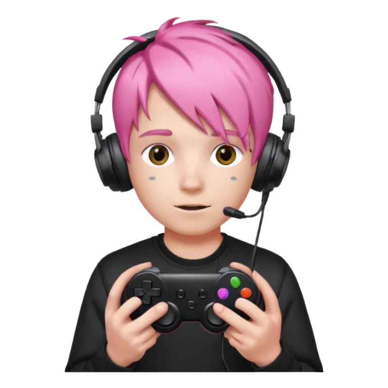 pink haired boy with headphones holding all black game controller sticker
