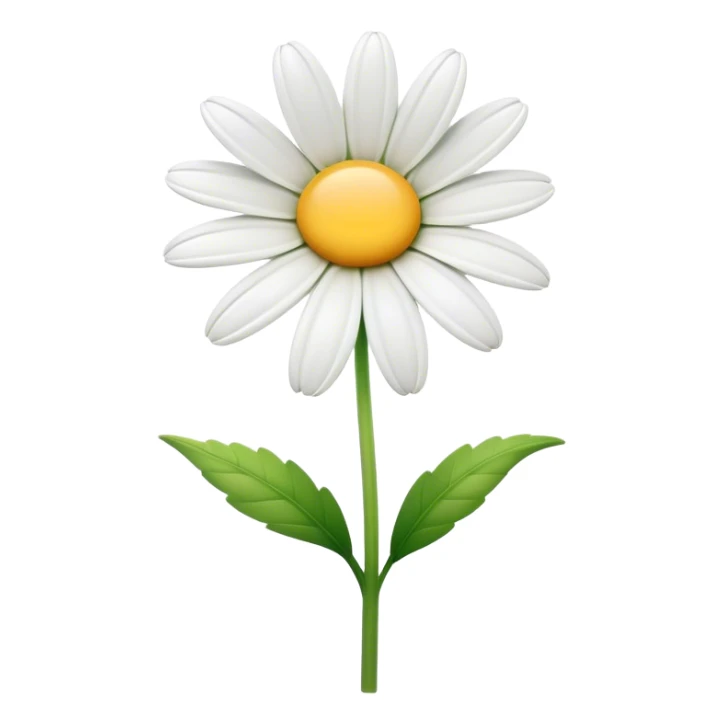 Cinematic Realistic Daisy Emoji, Cheerful and pure, with bright white petals surrounding a sunny yellow center, standing proudly atop a slender green stem. The soft, vibrant petals seem to radiate positivity, while a few green leaves frame the delicate flower. Soft glowing outline, capturing the essence of simplicity, innocence, and happiness in a single daisy. sticker