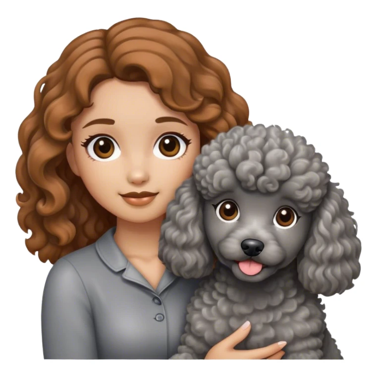A girl with caramel brown hair holding a grey poodle sticker