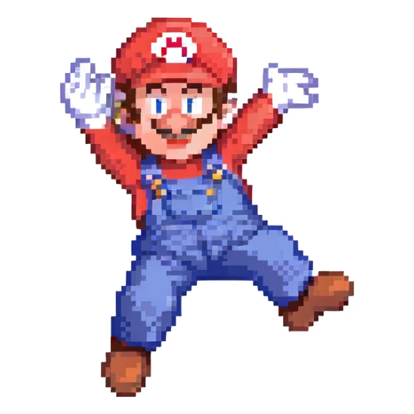 Mario jumping, pixel art style, red hat, blue overalls, energetic pose sticker