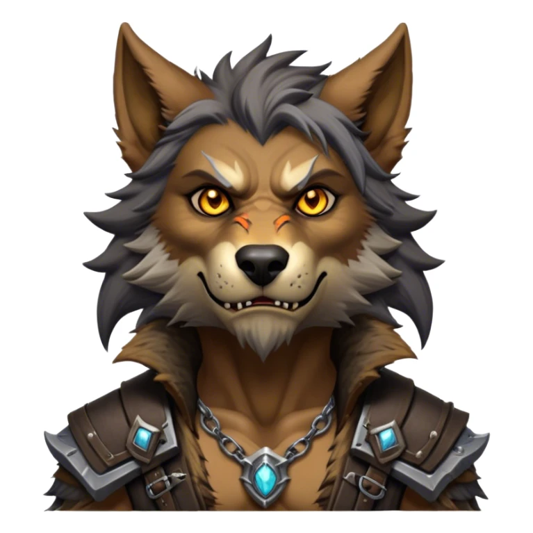 Cinematic Realistic WoW Worgen Portrait, head tilted epicly and inquisitively, showcasing the striking fusion of human intellect and beastly ferocity. His rugged fur and tanned skin, accented by piercing amber eyes and meticulously rendered worn leather garments, are bathed in dynamic lighting, high shine, epic and awe-inspiring, capturing the relentless spirit of a worgen at the apex of his power. sticker