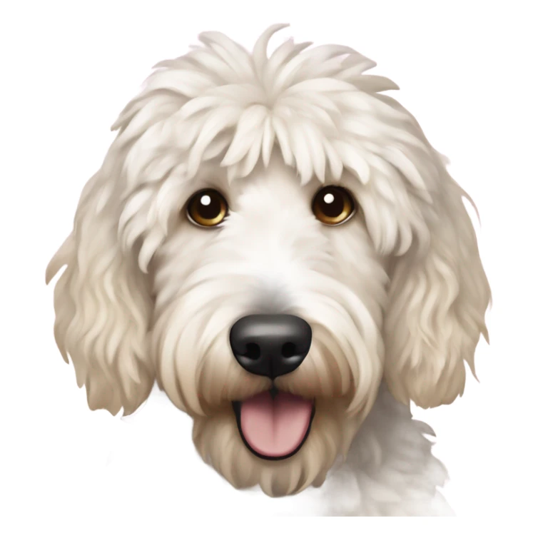 Shaggy large White Goldendoodle with Mohawk and  with tan on ears eating birthday cake  sticker