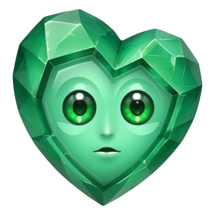 very sharp green gem mineral , multiple irregular chunks, very shiny with two eyes and heart shaped sticker