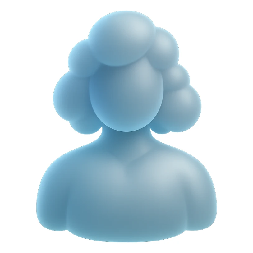 front view, person made of white convex clouds, shoulder length, matte glass style sticker