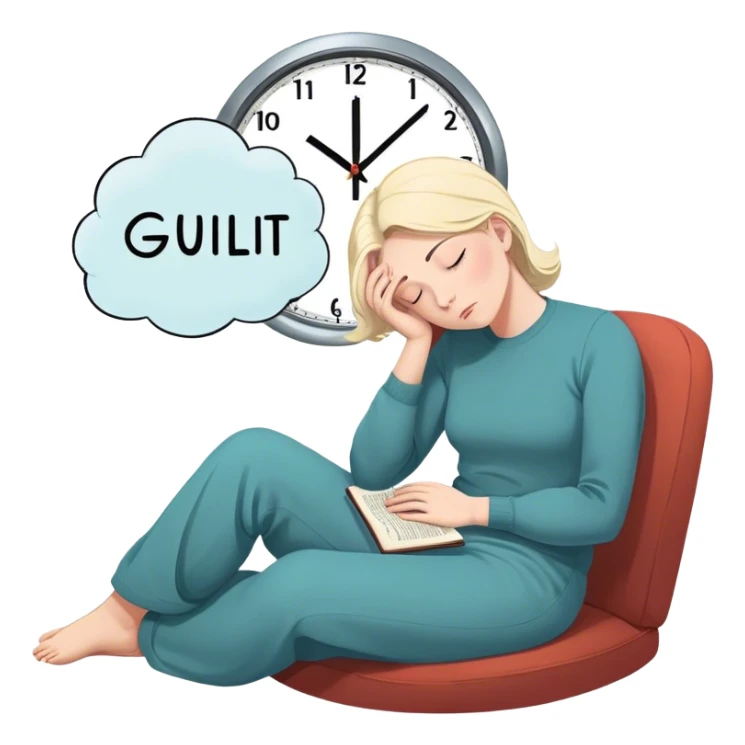 A person sits with their hands gently resting on their lap, eyes closed, exhaling slowly. Above them, a swirling thought bubble holds the words guilt and discomfort, but they don’t push it away—they just sit with it. In the background, a clock ticks softly, symbolizing the pause before responding. = sticker