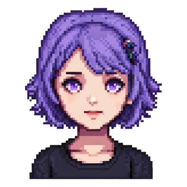 Girl with short purple hair, pixel art style sticker