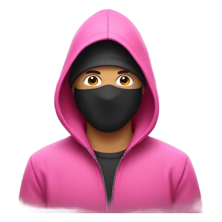 Man in pink jacket hood up, wearing black mask with white circle in the middle sticker