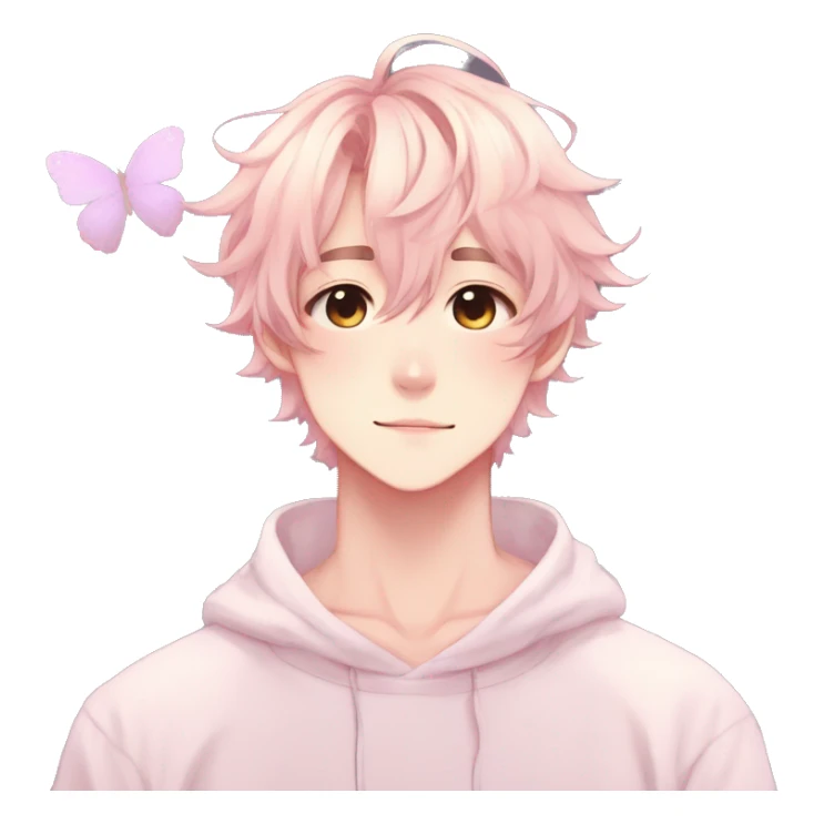 Gorgeous pastel anime style shojo man with blushing face and butterflies aesthetic and pretty hair trending style sticker