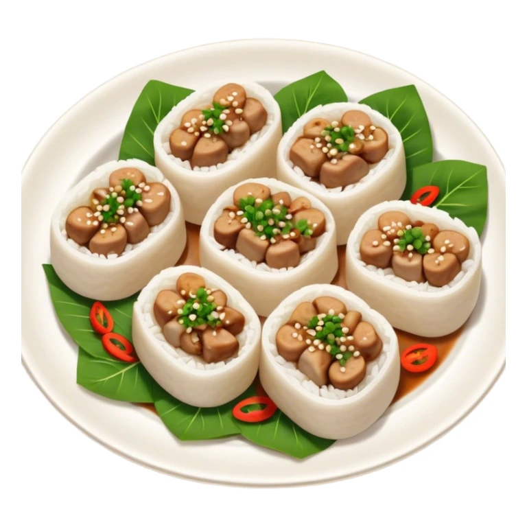 Cinematic Realistic B√°nh cu·ªën Dish Emoji, featuring steamed rice rolls filled with savory minced pork and mushrooms rendered with soft textures and inviting, warm lighting. sticker