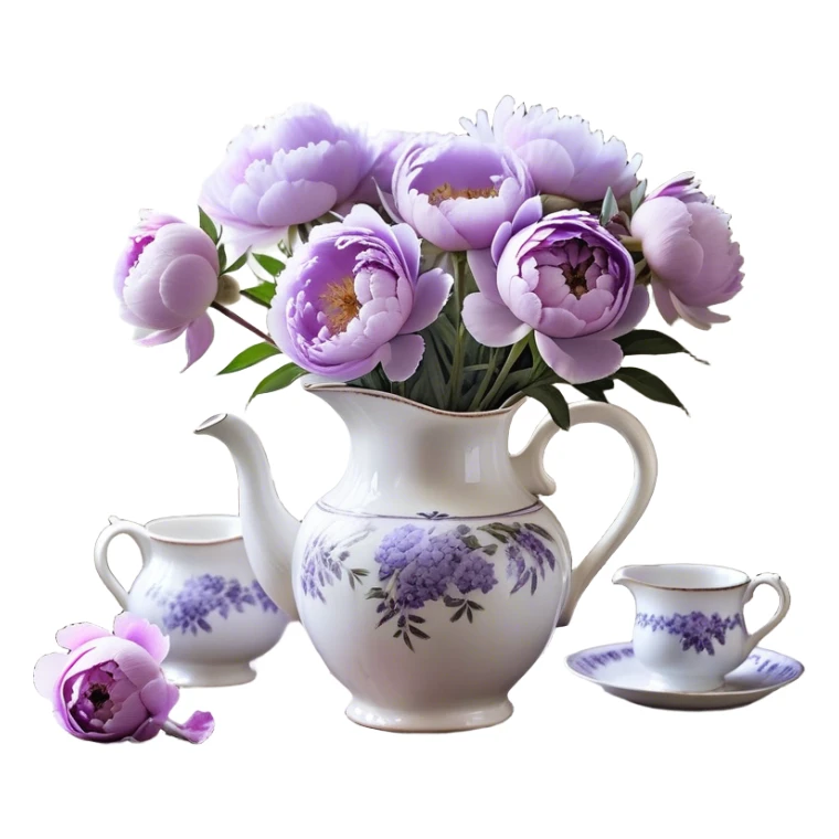 A vintage porcelain pitcher, adorned with fading lavender motifs, overflows with pastel purple peonies in various stages of bloom. Some petals, light as morning mist, curl gently at the edges, while others remain tightly wrapped, hinting at the promise of unfolding beauty. A few fallen blossoms rest beside the pitcher on an aged wooden table, their presence a fleeting echo of nature’s transient charm. Soft, diffused light filters through a lace-curtained window, lending the scene a nostalgic, dreamlike atmosphere." sticker