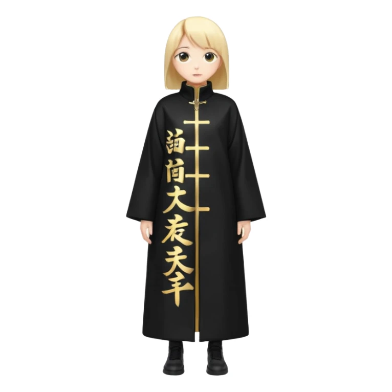 A long black anime style coat with a straight silhouette, reaching below the knees. On the center of the back, bold vertical golden Japanese kanji characters are printed glowing slightly against the dark background. The coat has a high collar and long sleeves. sticker